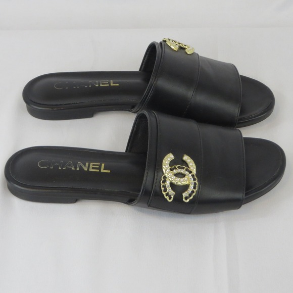 Chanel Black Leather CC Pearl Crystal Logo Slide Sandals Flat Shoes EU 38 US 8 - Picture 4 of 13